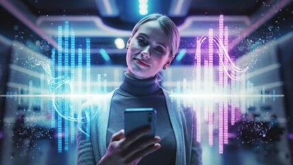 A Woman Interacting With Futuristic Technology via Her Smartphone in a Cyberpunk Setting - Powered by Adobe