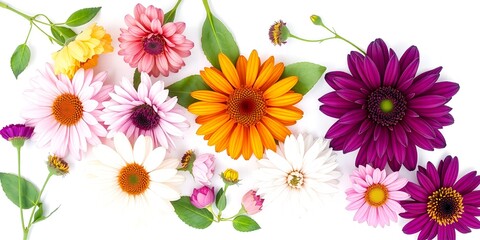 Vibrant gerbera daisies and asters in various colors arranged on a white background