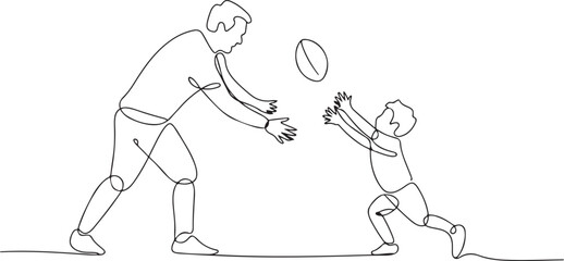 Single one line drawing son playing football with his father. Family time concept.one line vector illustration with out background.