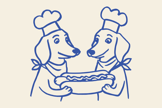 Dachshund dogs in chef hats holding sausage sketch vector illustration