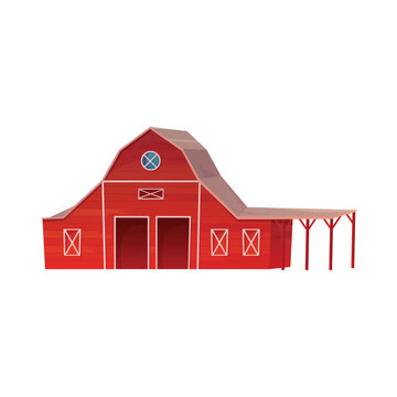 Red barn with wooden plank deck, rustic stables or chicken coop vector illustration