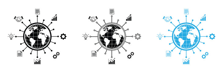 Dynamic global network concept showing interconnected business strategy, idea generation, and financial growth cycles