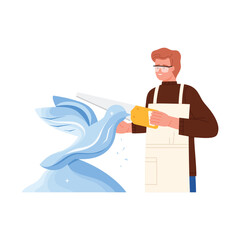 Sculptor with glasses and apron holding saw to make ice sculpture of flying bird vector illustration