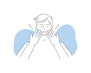 Young man with eyes closed massaging skin of cheeks along massage arrows vector illustration