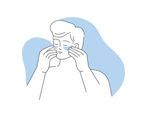 Young man applying moisturizing patches to skin under eyes for hydration vector illustration