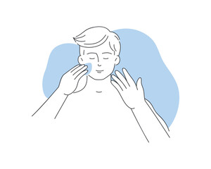 Young man applying drop of foundation to facial skin with beauty blender sponge vector illustration