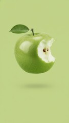 Fresh Green Apple with Bite Mark on Green Background - Healthy Eating and Playful Concept with Copy Space for Ecommerce.