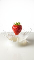 Dynamic High-Speed Photography of Red Strawberry Splashing into Milk Crown - Photorealistic Image