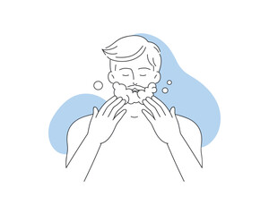 Young man shaving, grooming skincare beauty routine for beard vector illustration