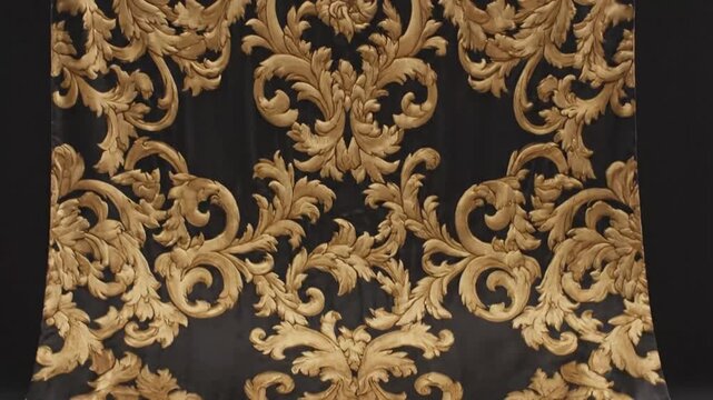 Elegant Baroque-inspired damask pattern with gold ornate swirls on a dark background