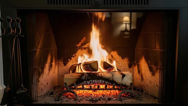 Cozy fireplace with burning logs and flames on a chilly evening at home with poker