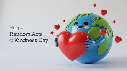 Happy random acts of kindness day with cartoon globe holding heart