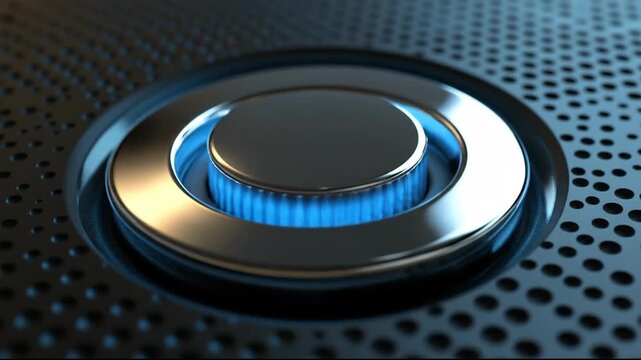 Close-up of a metal button with a blue light on a perforated metal surface.