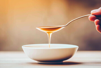  a spoonful of honey dripping into the bowl