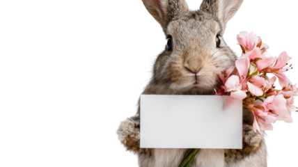 Cute small white bunny holding a blank sign ready for your text isolated on white