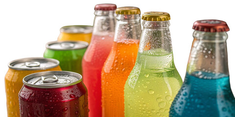 Refreshing beverages in array: An array of colorful bottles and cans, filled with fizzy and flavorful drinks, present a refreshing selection.