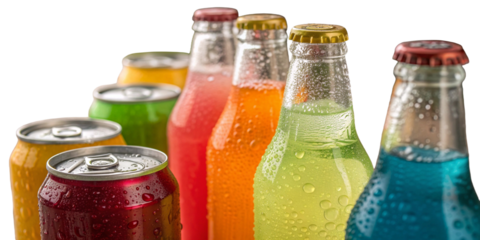 Refreshing beverages in array: An array of colorful bottles and cans, filled with fizzy and flavorful drinks, present a refreshing selection.