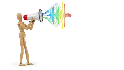 メガホンを持って情報を拡散し宣伝するデッサン人形