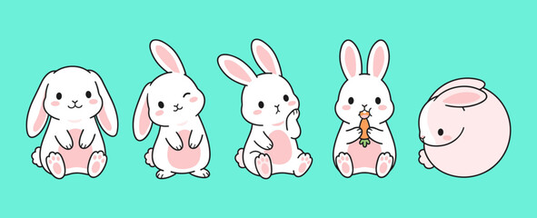 Adorable White Bunny Rabbit Cartoon Characters Vector Set in Various Poses Eating Carrot and Resting Cute Pet Illustration