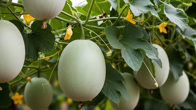 Abundant harvest of pale green gourds, likely winter melons, maturing on a healthy vine with vibrant leaves and yellow flowers, indicating organic cultivation