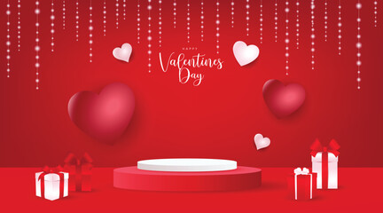 Romantic red Valentine&rsquo;s Day background with 3D hearts, glowing hanging lights, gift boxes, and a round podium for product display.
