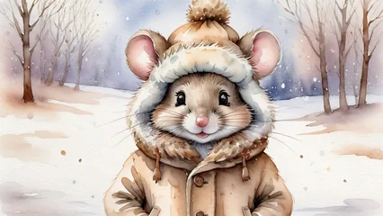 Fotobehang Dierenarts The winter pilgrim - a tiny, velvet face framed by a halo of warm fluff, venturing into the white hush of the frosted, silent woods  © Angelina ArtWorks