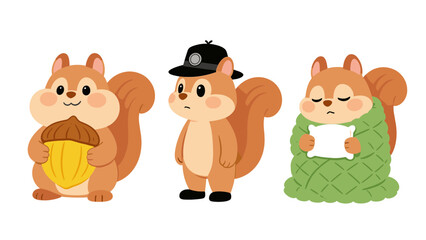 Cute Squirrel Characters Vector Set with Different Activities: Holding Acorn, Police Officer, and Sick/Cozy in Blanket Illustration
