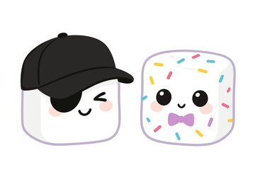 Cute Marshmallow Cartoon Characters Vector Set: Pirate Marshmallow with Eye Patch and Baseball Cap Next to Sprinkled Marshmallow