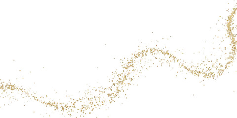 Sparkling golden dust trail creating an abstract wave on white background. Abstract glittering golden sparkle texture background with shiny wave. Golden glitter dust trail abstract light effect. 