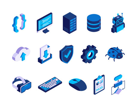Technology and IT icon set in isometric 3D style, featuring server, database, robot, cloud, security shield, VR headset, keyboard, and mouse, modern vector illustration