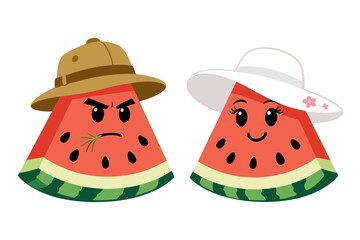 Funny cartoon watermelon wedge characters set in opposite personalities, an angry one in a safari hat and a happy one in a sun hat, sweet summer fruit vector illustration © 张锋