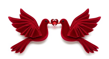 A pair of doves folded from red velvet fabric, holding a single heart-shaped gem. 