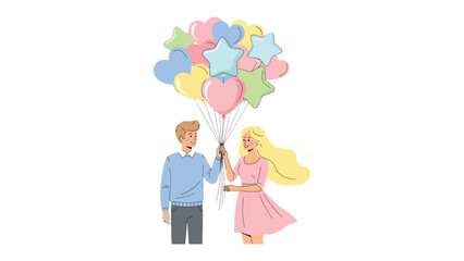 Romantic Gesture: A couple shares a tender moment as they hold a cluster of vibrant, whimsical balloons, symbolizing love, joy, and the beauty of togetherness.