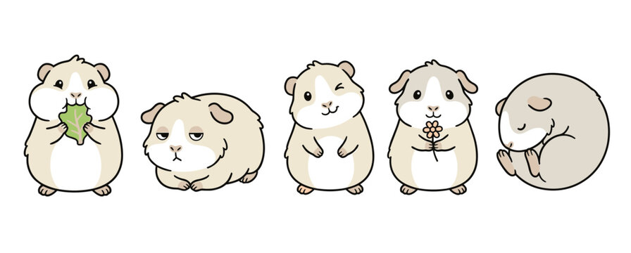 Adorable set of cartoon guinea pig characters in various cute poses, eating a leaf, resting, winking, holding a flower, and sleeping curled up, sweet vector illustration for pets