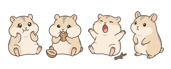 Adorable set of cartoon hamster characters in various cute and playful poses, including happy, eating a nut, yawning, and standing up, sweet small pet vector illustration for children