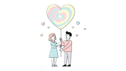 Sweetheart's Shared Affection: A tender illustration depicts a couple sharing a giant heart-shaped lollipop, expressing love, affection, and the sweetness of their bond.