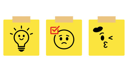 Set of three funny cartoon emoji faces on yellow sticky notes, including a happy lightbulb idea, a sad checked list, and a winking kiss, note paper vector illustration