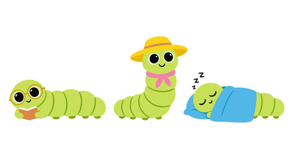 Set of Three Cute Cartoon Green Caterpillars with Various Emotions and Activities Vector Illustration