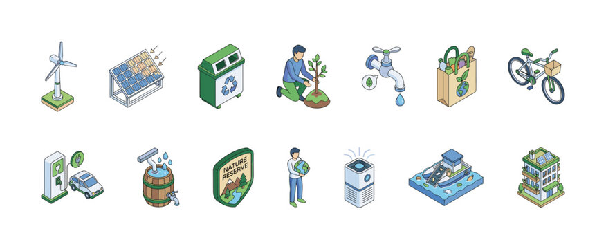 Isometric eco-friendly and environmental conservation icons set, featuring wind turbine, solar panel, recycling bin, tree planting, water faucet, shopping bag, and nature reserve, vector illustration