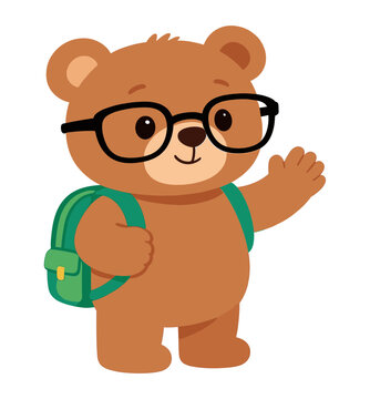 Adorable cartoon teddy bear character wearing glasses and a backpack, standing and waving, cute animal vector illustration for back to school and children's books