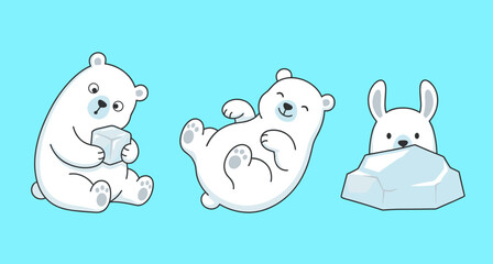 Set of Three Cute Cartoon Polar Bear and Arctic Hare Characters in Funny Poses on Blue Background Vector