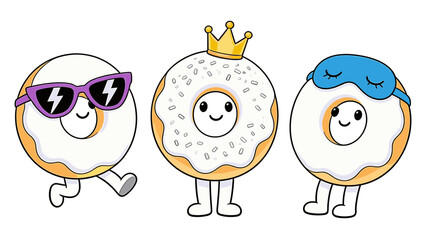 Set of Three Cute Cartoon Donuts with White Glaze and Funny Accessories Vector Illustration