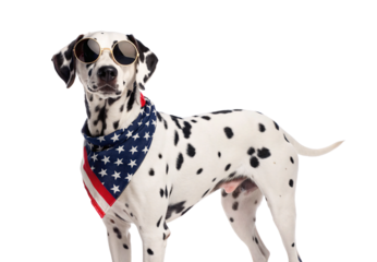 Dalmatian dog with American flag bandana and round sunglasses, isolated on a transparent background