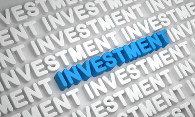 Investment, text in blue and white letters. Wealth, making money, strategy, stock market concept. 3D illustration