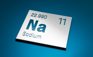 Natrium, Sodium, Na, periodic table element, alkali metal. Science, chemical element, atomic weight, atomic number. 3D illustration