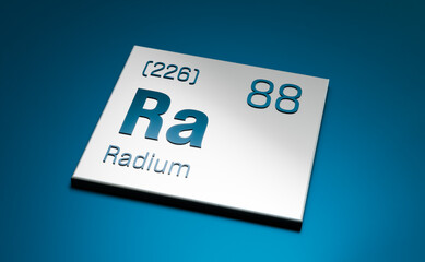 Radium, Ra, periodic table element, radioactive, silvery-white alkaline earth metal. Science, chemical element, atomic weight, atomic number. 3D illustration