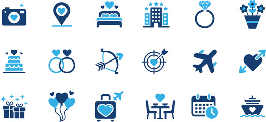 Icon set featuring travel love and lifestyle themes including camera map bed hotel ring and more