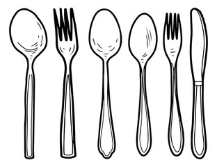 Cutlery set. Sketch vector hand drawn. Spoon, teaspoon, fork, knife. Kitchen accessories for eating. Dining table setting. Kitchenware. Engraving graphic art illustration.