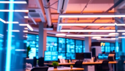 Generative AI depiction of a modern high-tech office with multiple computer stations illuminated