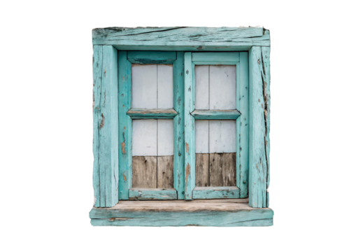 A rustic turquoise painted wooden window frame with distressed finish, isolated on a transparent background - Powered by Adobe